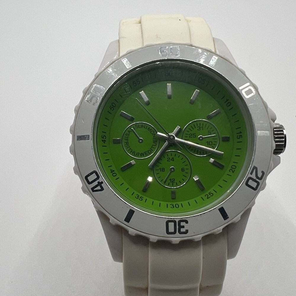 Xhilaration Green White Jelly Watch Silicone Band Rotating Bezel Unisex Quartz
